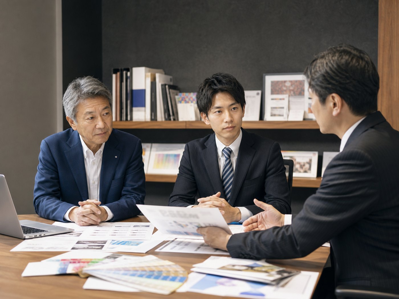 印刷物の資料を見ながら秘密保持を前提に相談する経営者と担当者