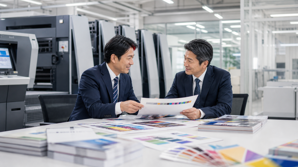 印刷工場で印刷物の資料を確認しながら事業承継とM&Aを相談するビジネスシーン