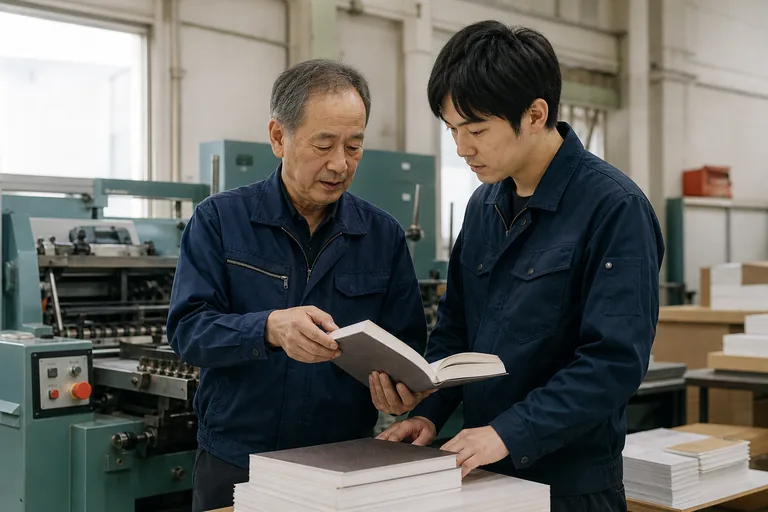 製本見本を確認しながら紙加工の技術を引き継ぐ職人