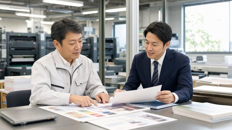 印刷会社の経営者と担当者が打ち合わせている様子