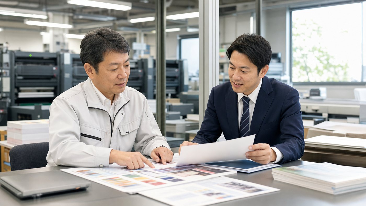 印刷工場で印刷物の資料を確認しながら事業承継とM&Aを相談するビジネスシーン