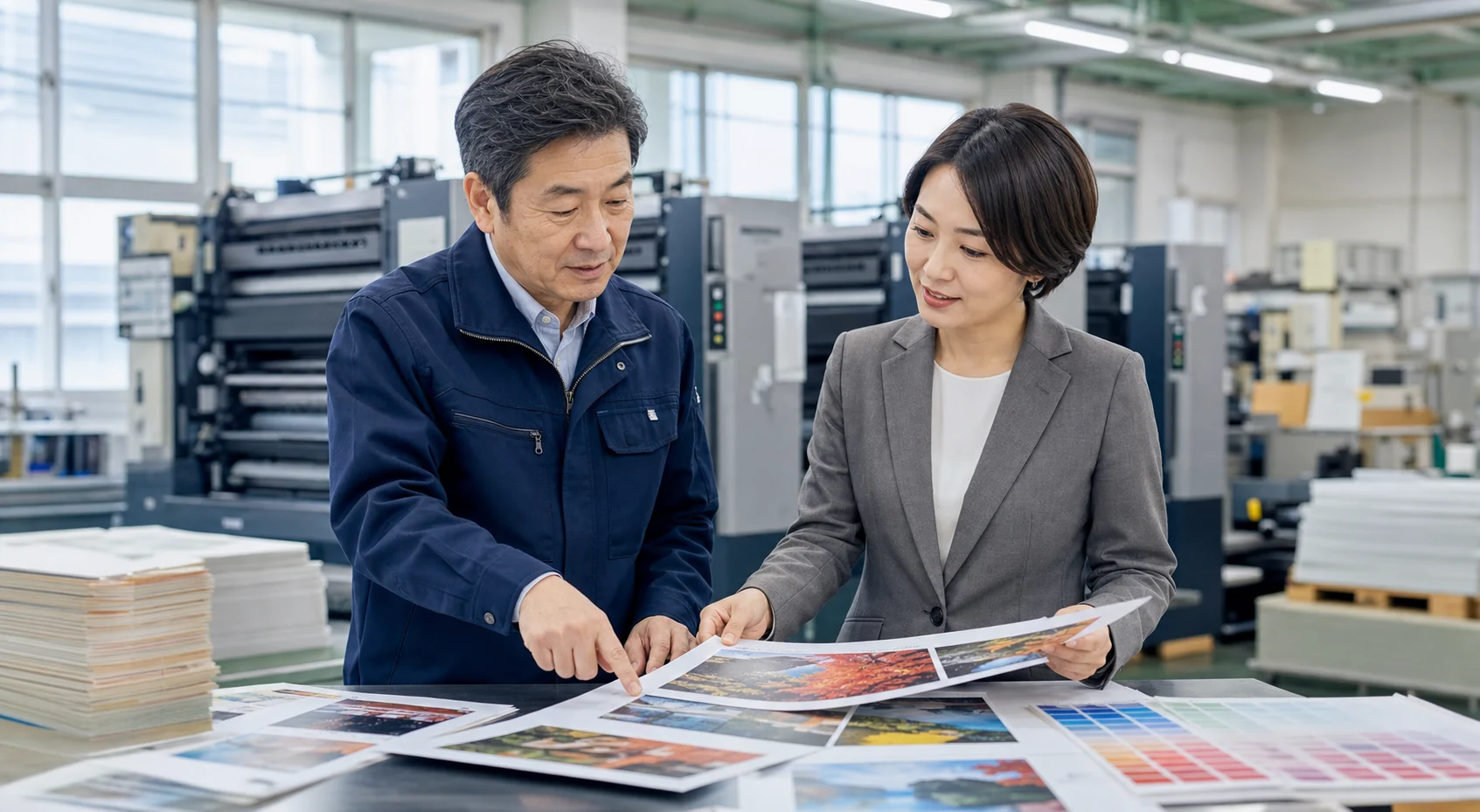 印刷工場で印刷物を確認しながら事業承継について話す経営者とM&Aアドバイザー