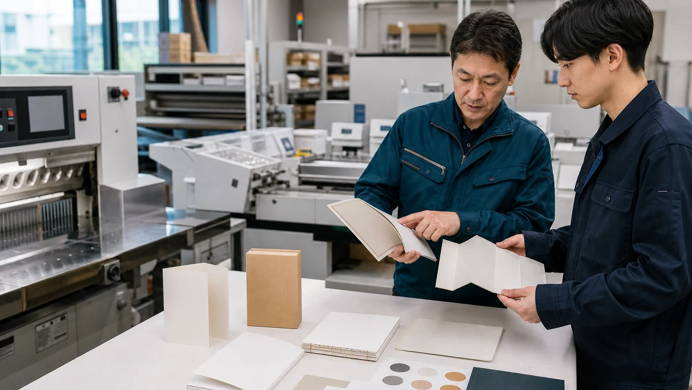 製本と紙加工の仕上がりを確認する印刷会社の担当者