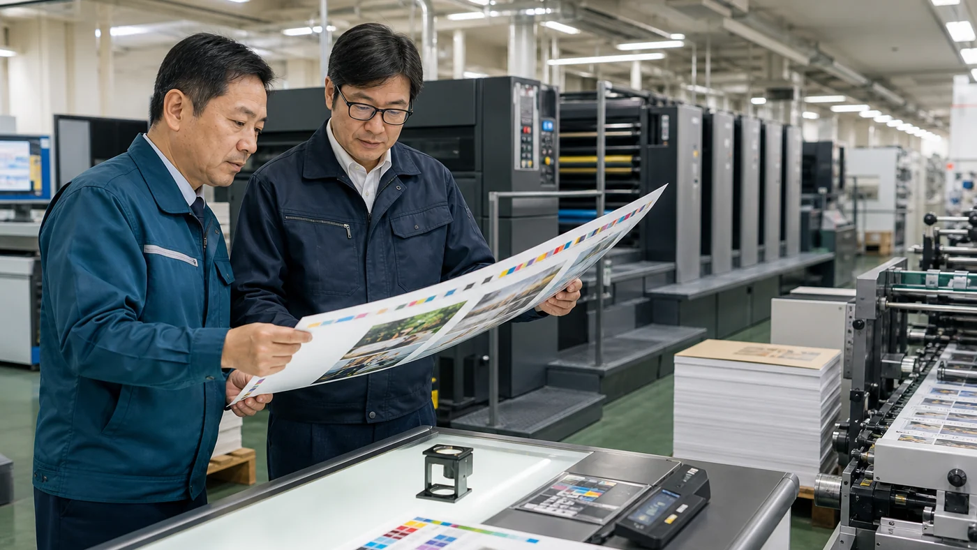 オフセット印刷工場で色校正と品質を確認する担当者